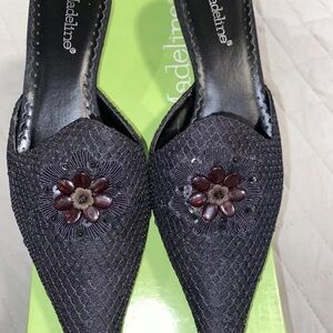 Madeline Stuart Black Mules with Floral Embellishment